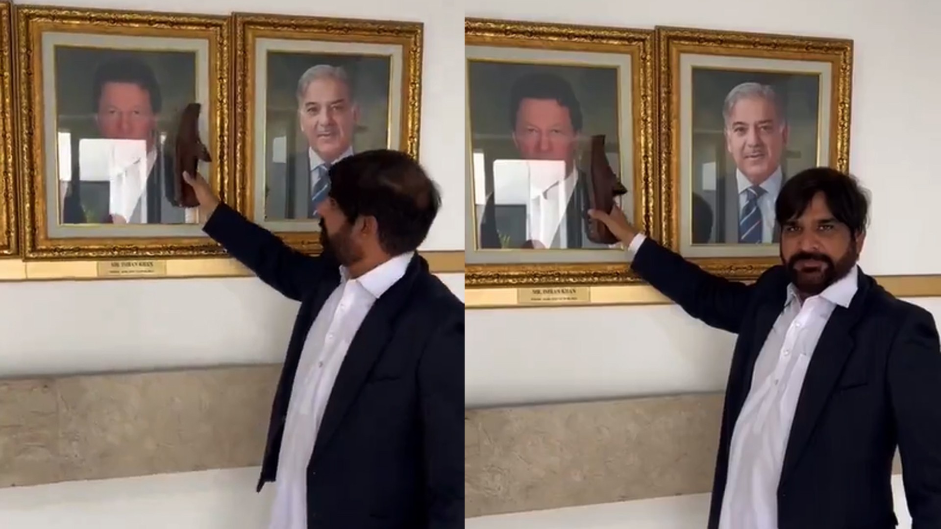 Alleged PML-N worker points his shoe at Imran Khan's picture at the Parliament House