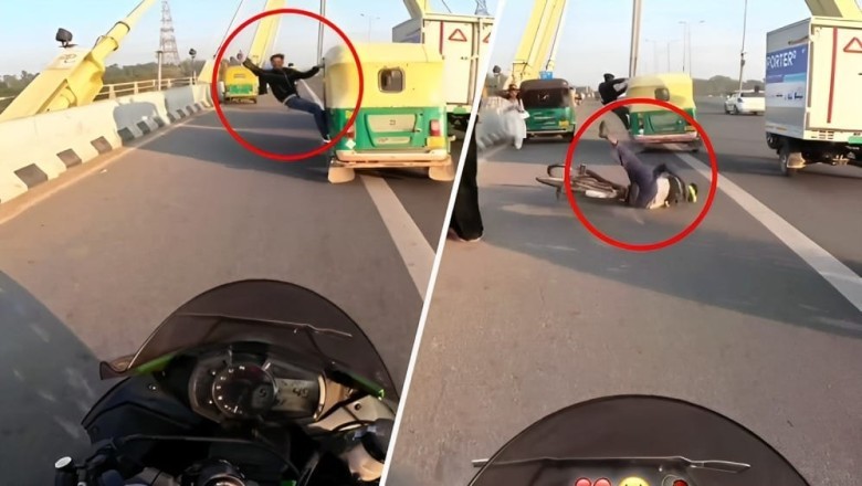 WATCH: Indian man's reckless stunts on speeding auto knocks off cyclist