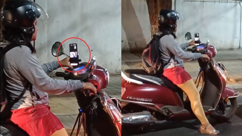 Workaholic woman attends office meeting while riding a bike