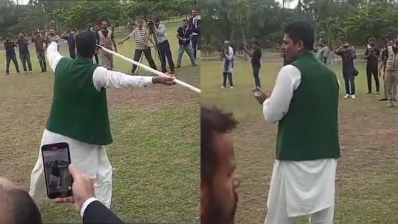 Arshad Nadeem performs javelin throw at Governor House event