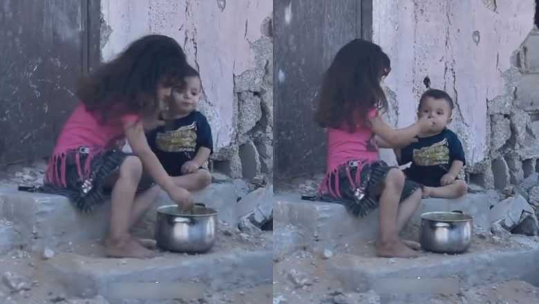 Video of Palestinian girl feeding her little brother amid famine in Gaza melts hearts