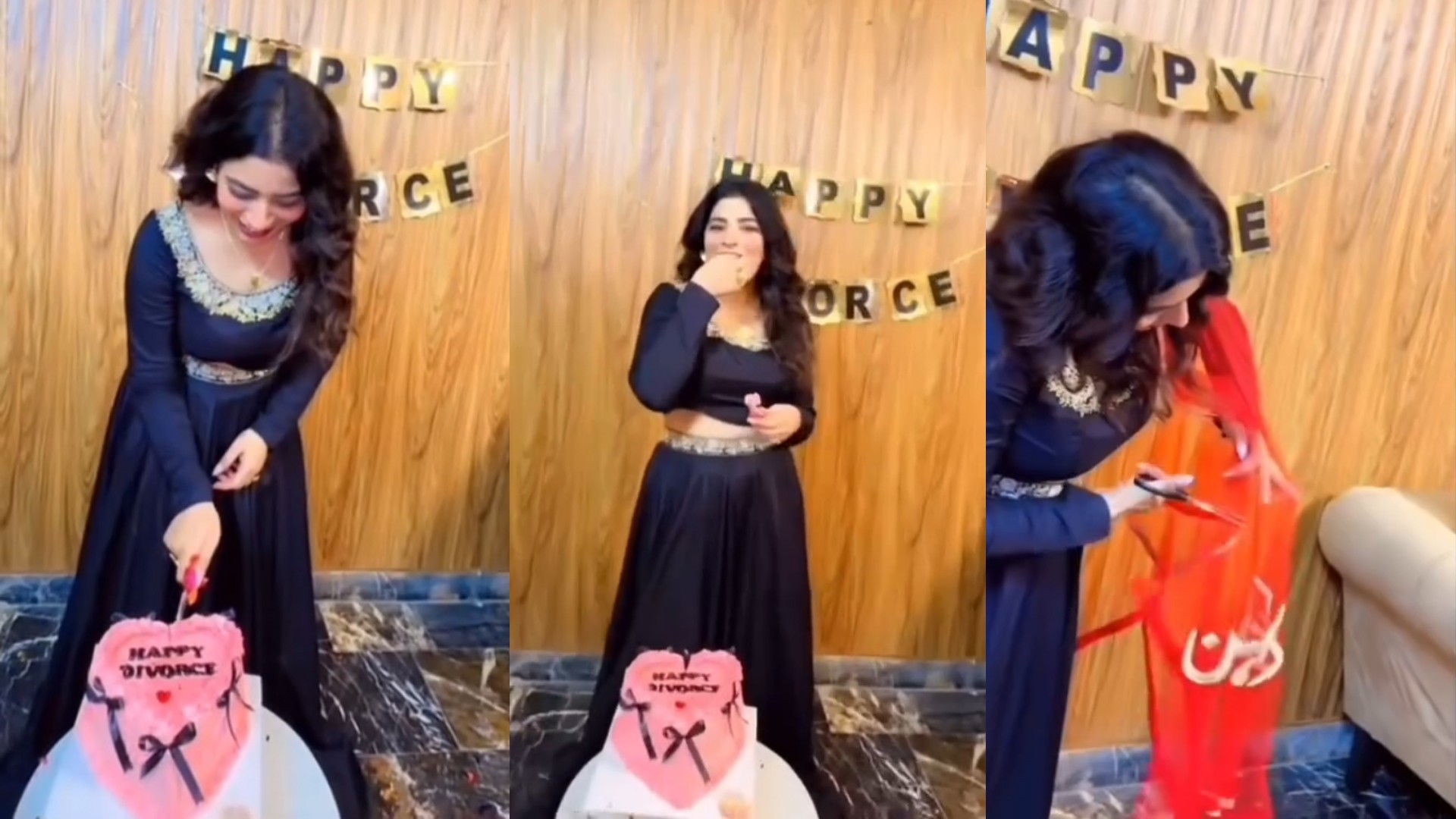 Pakistani woman celebrates divorce by cutting her bridal veil