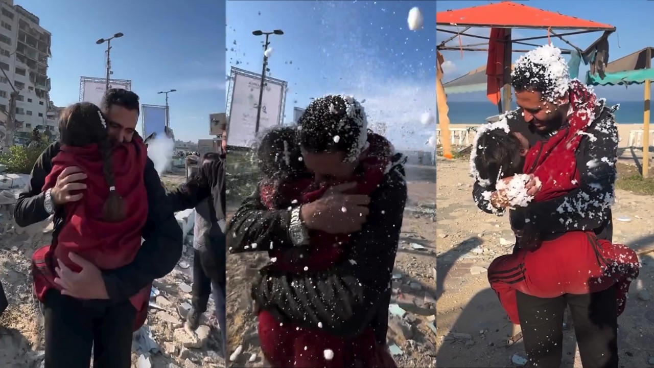 WATCH: Palestinian girl embraces her father after returning to northern Gaza