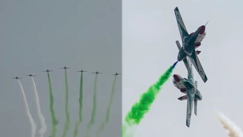 PAF Sherdils fly over Karachi stadium during Champions Trophy opening match