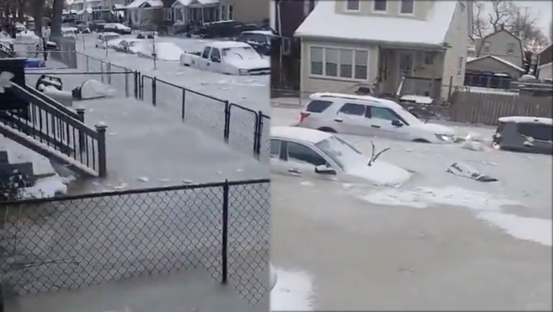 Vehicles trapped in frozen flood after water line break in Detroit