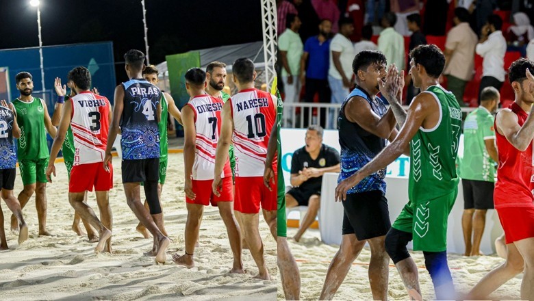 Indian players shake hands with Pakistan players after losing Commonwealth Beach Handball Championship opener